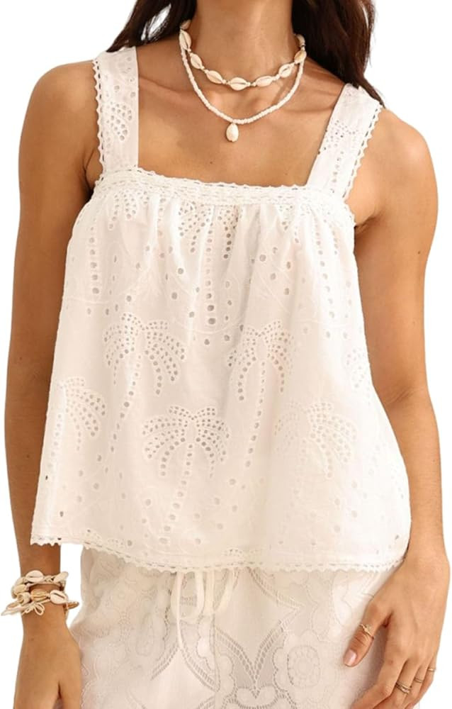 Naileksi Women Boho Square Neck Floral Lace Tank Top Summer Sleeveless Backless Loose Fit Eyelet ... | Amazon (US)