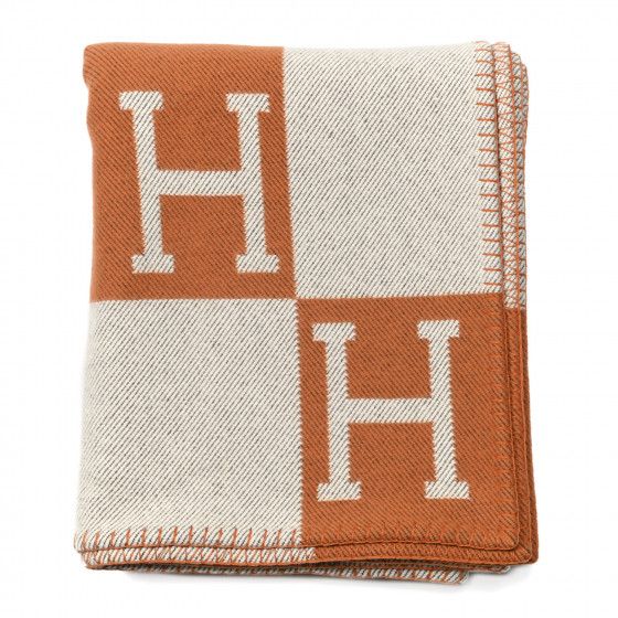 HERMES Wool Cashmere Signature Classic Avalon Blanket Ecru Potiron | FASHIONPHILE (US)