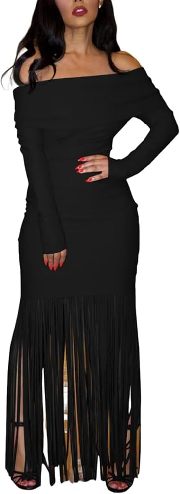 Women's Sexy Off Shoulder Tassel Bodycon Dress Elegant Long Sleeve Cocktail Party Maxi Dresses | Amazon (US)