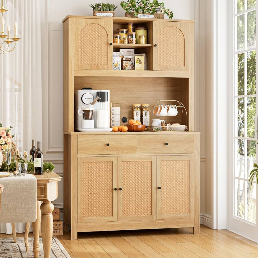 FINETONES 71" Tall Kitchen Pantry Cabinet, Kitchen Cabinet Hutch Cabinet with Rattan Doors and Mi... | Amazon (US)