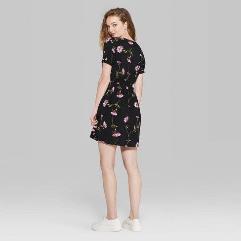 Women's Floral Print Short Sleeve V-Neck Button Front Mini Dress - Wild Fable™ Black | Target
