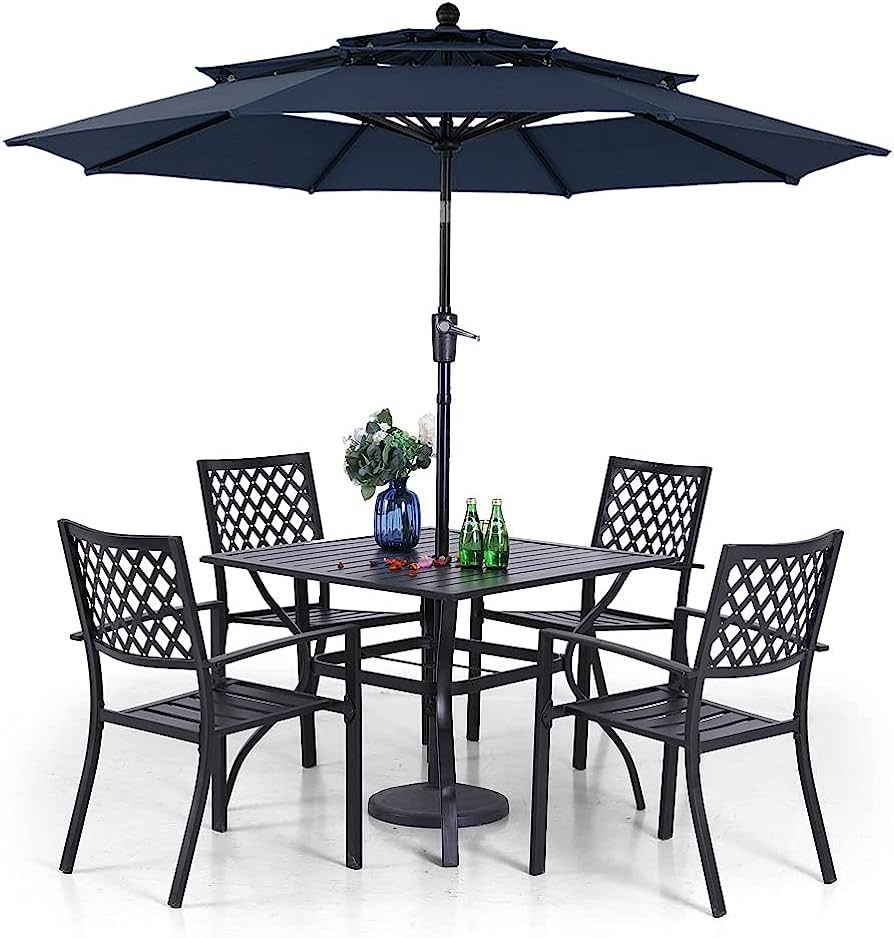 PHI VILLA Patio Dining Set 6 Piece with 4 Metal Outdoor Stackable Chairs, 1 Square Metal Table an... | Amazon (US)