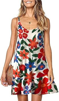 Womens Boho Floral Printed Dress Summer Sleeveless Adjustable Strap Beach Mini Dress with Pockets | Amazon (US)
