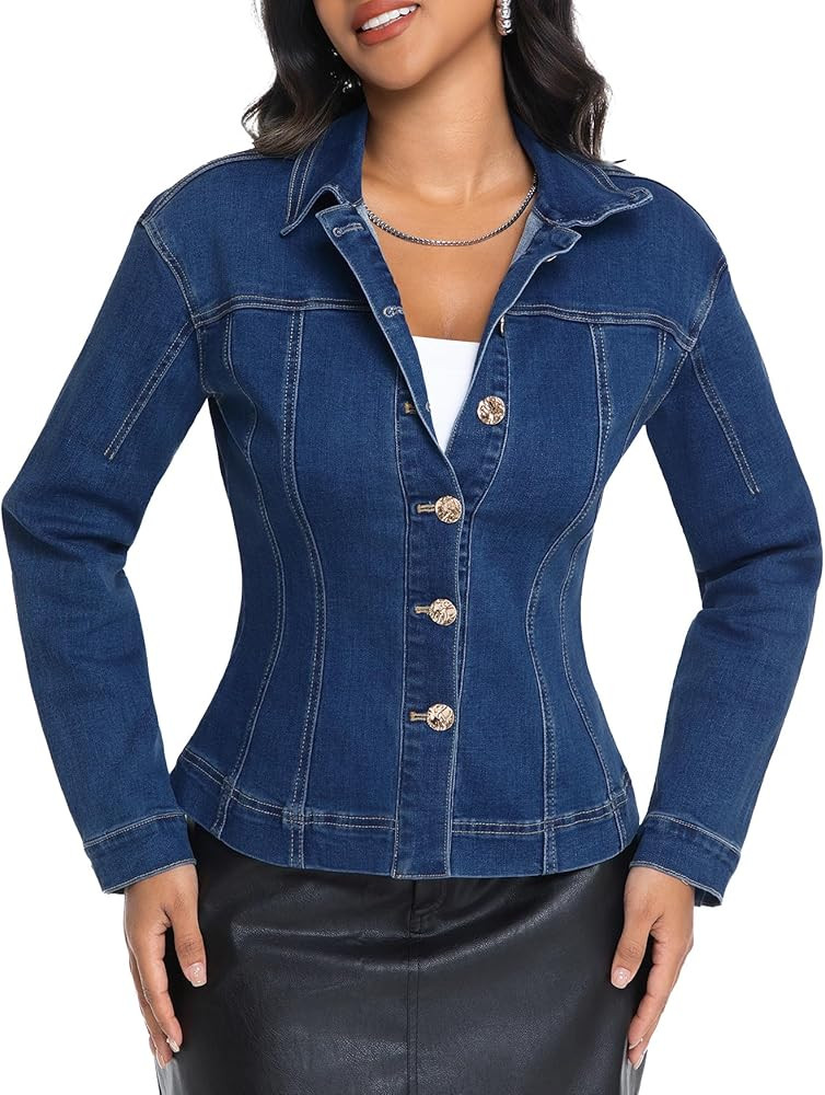 Kedera Denim Jacket for Women Cinched Waist Button Up Long Sleeve Trendy Stretchy Jean Jacket Coa... | Amazon (US)