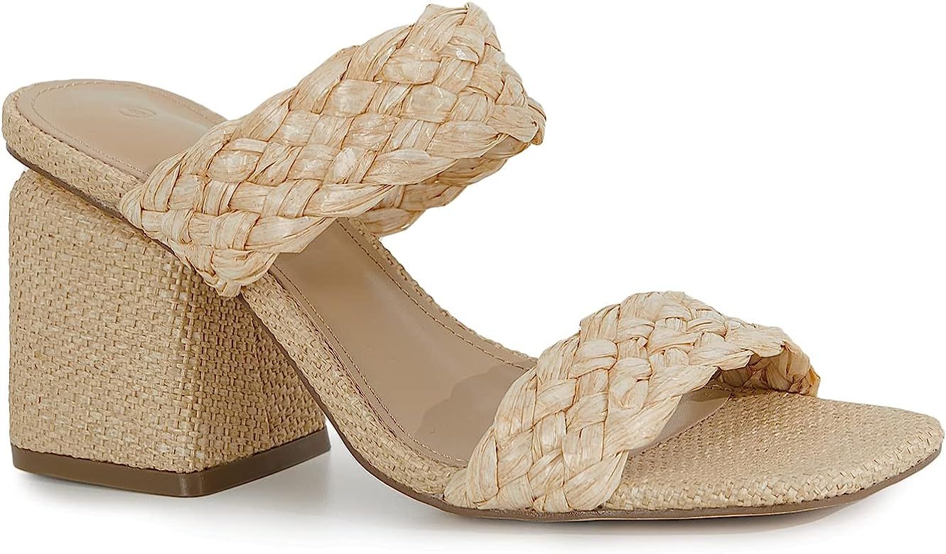 Mskilder Womens Braided Heeled Sandals Square Toe Backless Slip On Block Heels Summer Dress Slide... | Amazon (US)