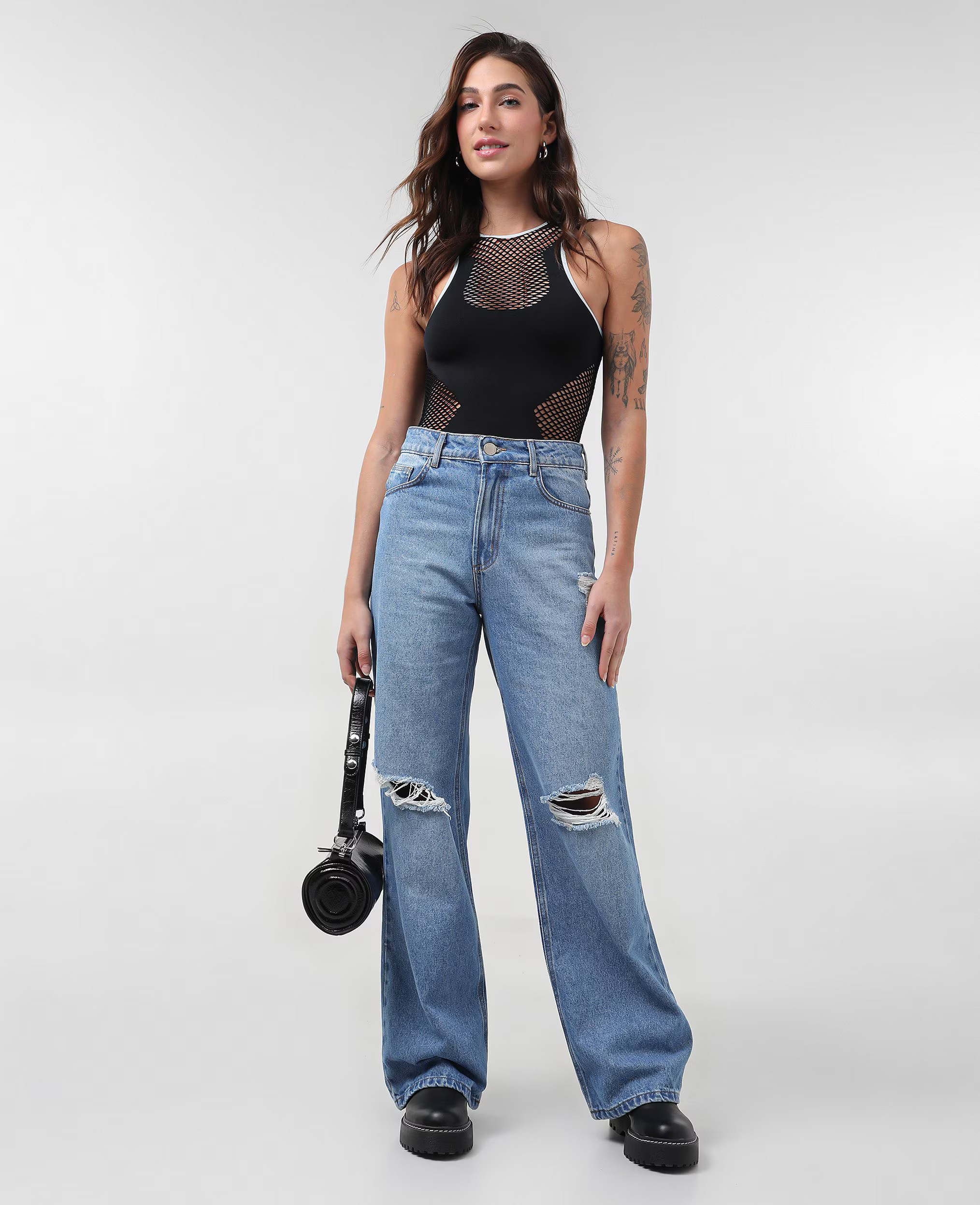 Calça jeans feminina wide leg cintura alta destroyed denim médio | Pool Jeans | Riachuelo (BR)
