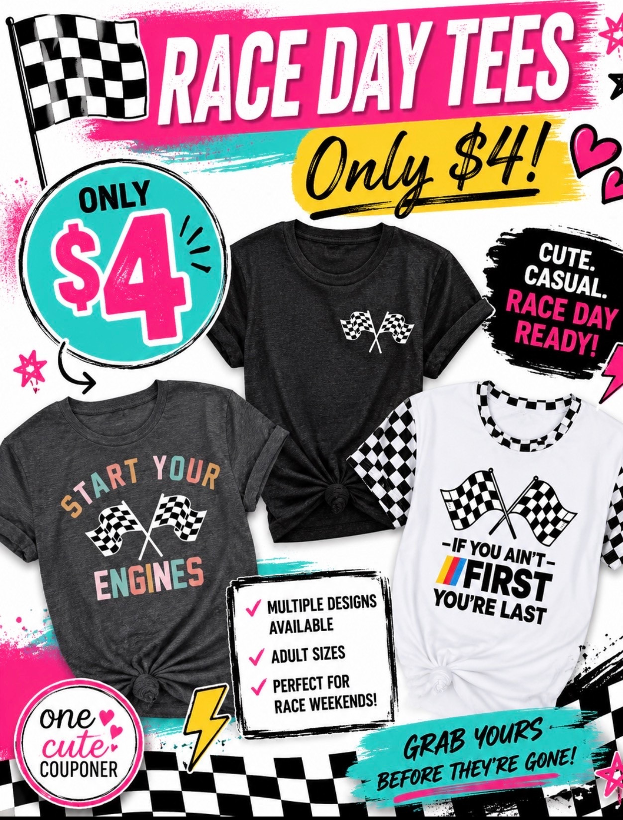 70% OFF Race Day Tee’s! 
🏁ONLY $4.00! (Was $13.29)
✂️CLIP COUPON & Use Code: 2UNDBNG3

*code expires 7/30/26