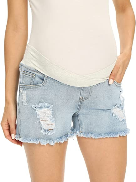 V VOCNI Maternity Women's Maternity Indigo Blue Mom Tassel Secret Underbelly Denim Shorts | Amazon (US)