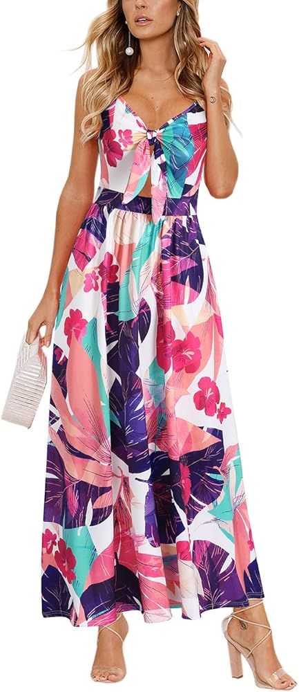 II ININ Women's V Neck Sundress Tie Front Spaghetti Strap Maxi Dress Casual Summer Long Dresses with | Amazon (US)