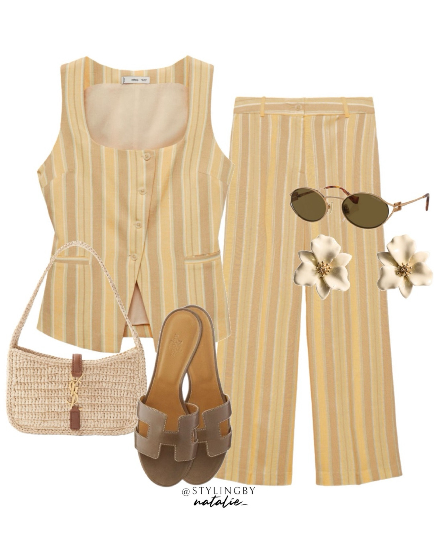 Stripe waistcoat and trousers matching set, Saint Laurent raffia bag, Miu Miu sunglasses & flat sandals. Summer outfit, co-ord set, holiday outfit.

#LTKstyletip #LTKeurope #LTKsummer