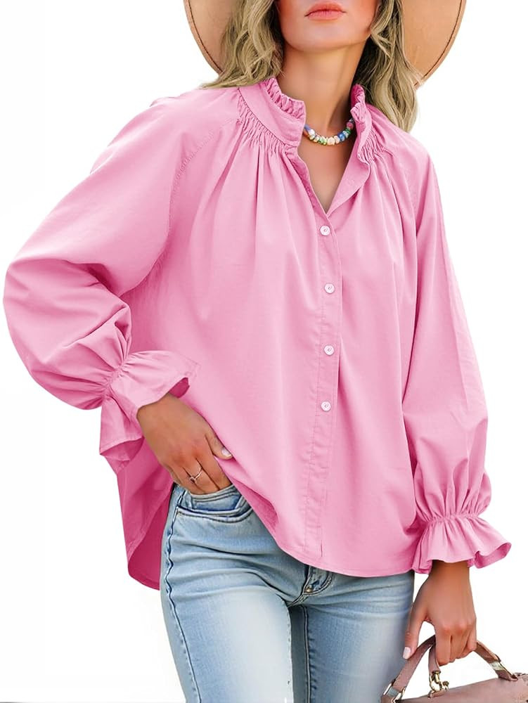 Tankaneo Womens Puff Long Sleeve Button Down Blouse Shirts | Amazon (US)
