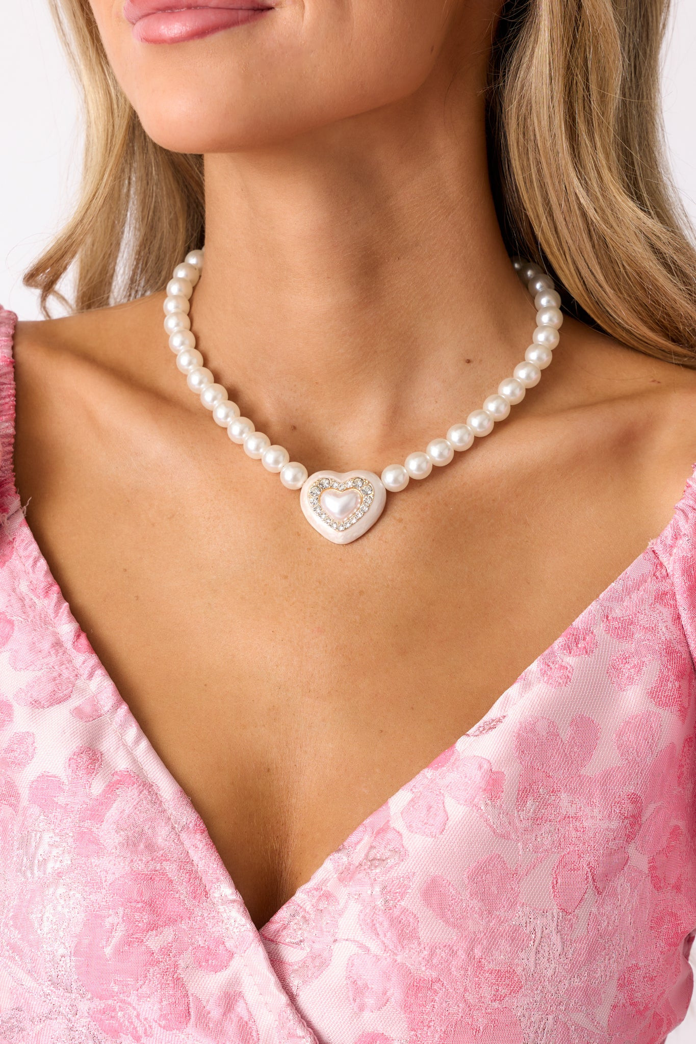 Love Me More Ivory Faux Pearl Heart Pendant Necklace | Red Dress