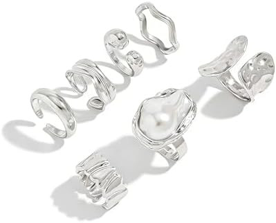Chunky Silver Rings for Women Set Adjustable Thick Statement Rings for Women Irregular Gemstone S... | Amazon (US)