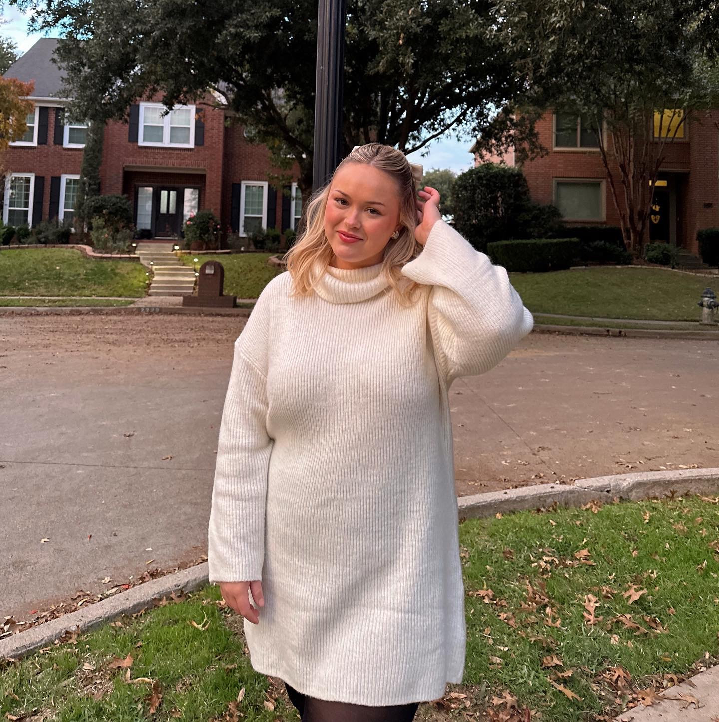 thanksgiving ootd🤍 this exact dress is sold out but linked the longer version as well as super similar ones! (Lots of them are on sale!!) I wear an XL In Abercrombie dresses & a L in the tights! Also obsessed with this cute satin hair bow - LOVE 

#LTKmidsize #LTKCyberWeek #LTKplussize