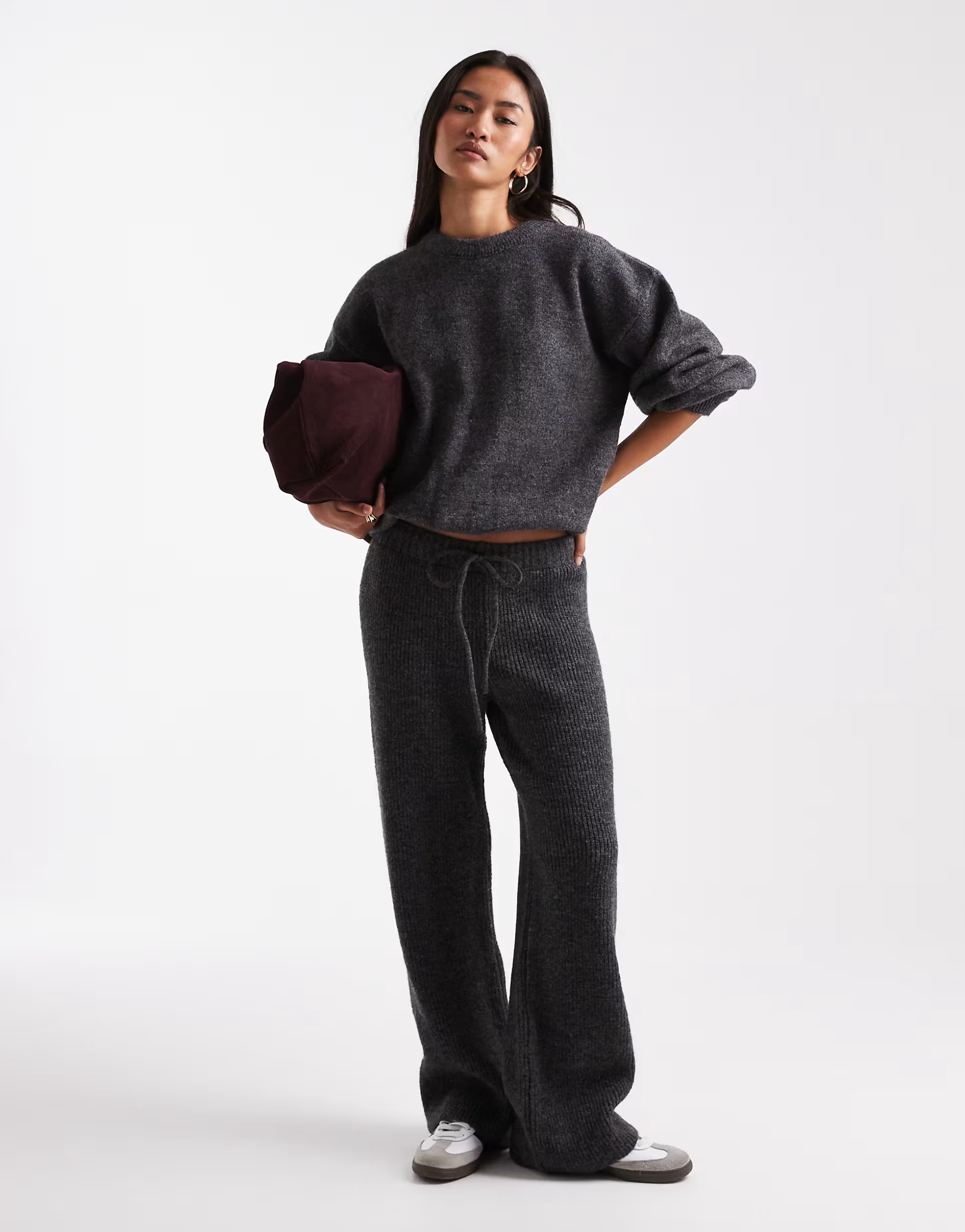 ASOS DESIGN ribbed wide leg knitted trouser co-ord in grey | ASOS (Global)