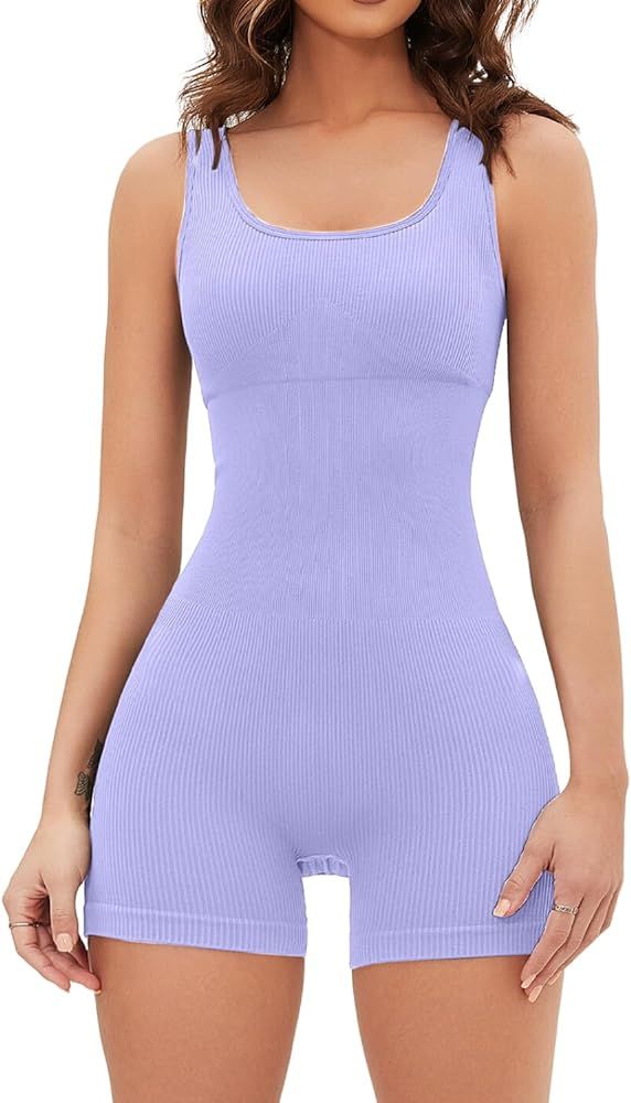 QINSEN Seamless Romper for Women Ribbed Workout Square Neck Padded Bra One Piece Short Jumpsuit | Amazon (US)