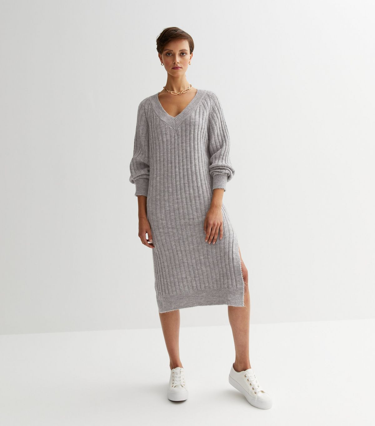 Pale Grey Ribbed Brushed Knit Midi Dress | New Look | New Look (UK)