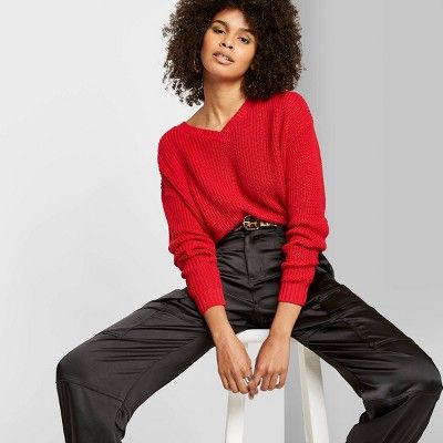 Women's Long Sleeve V-Neck Cropped Sweater - Wild Fable™ Red Pop | Target
