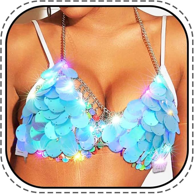 Zoestar Light Up Sequin Bra Top Sparkly LED Bikini Tops Glow Party Rave Featival Outfit for Women | Amazon (US)