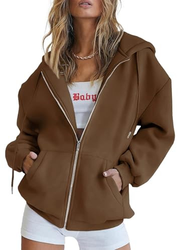 PRETTYGARDEN Women's 2026 Spring Zip Up Y2K Hoodies Casual Long Sleeve Sweatshirts Fall Winter Track Jackets with Pockets (Brown,X-Large) | Amazon (US)
