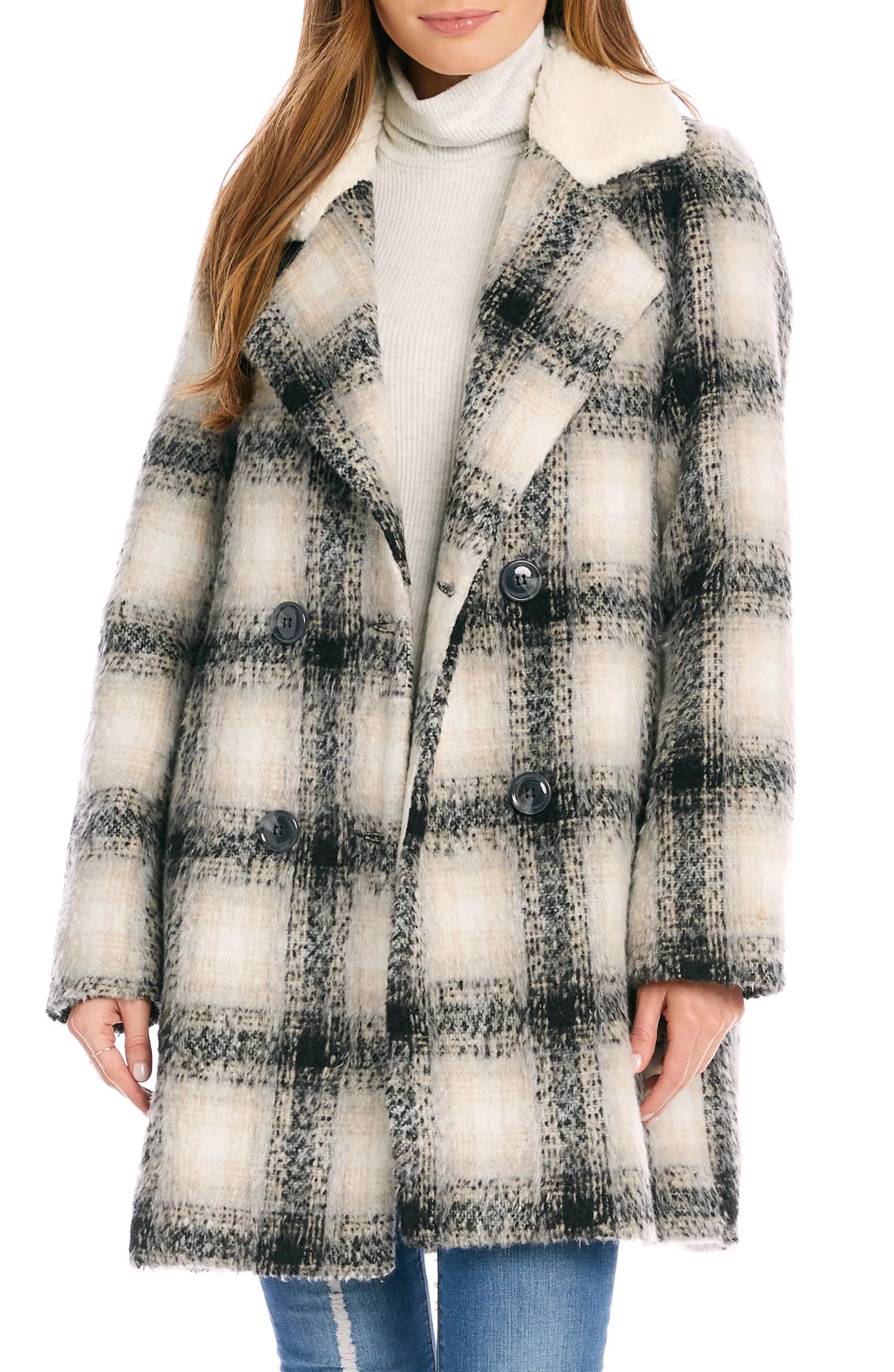 Karen Kane Plaid Coat with Faux Shearling Collar at Nordstrom, Size X-Small | Nordstrom