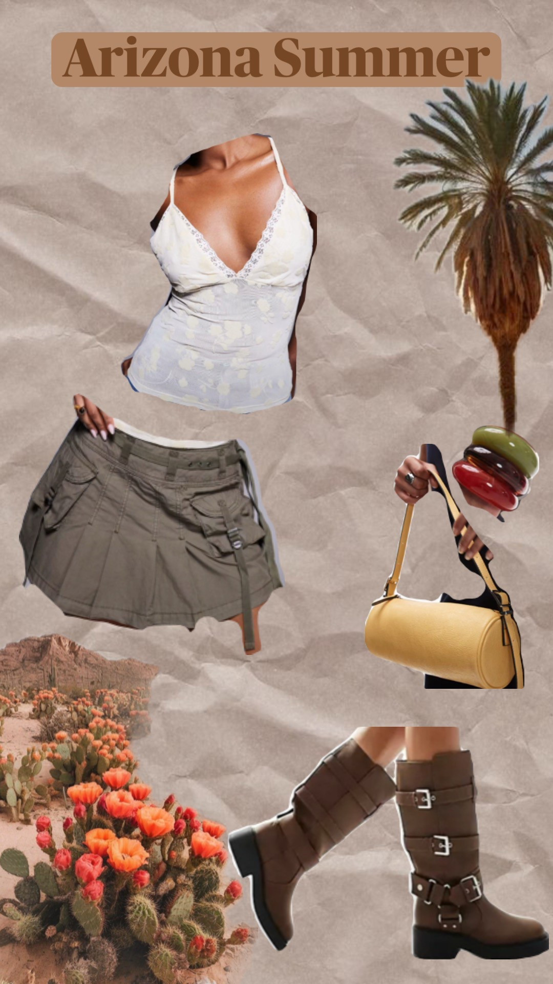 A summer outfit  inspired by the Arizona Deserts 🏜️ Utility cargo mini skirt, lace tank top, brown moto boots and colorful bag and bangles. 

#LTKStyleTip #LTKSummerEdit #LTKSeasonal
