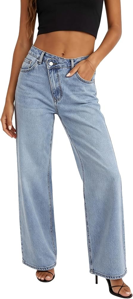 HDLTE Straight Leg Jeans for Women, High Waisted Wide Leg Jeans Loose Stretchy Denim Pants Trouse... | Amazon (US)