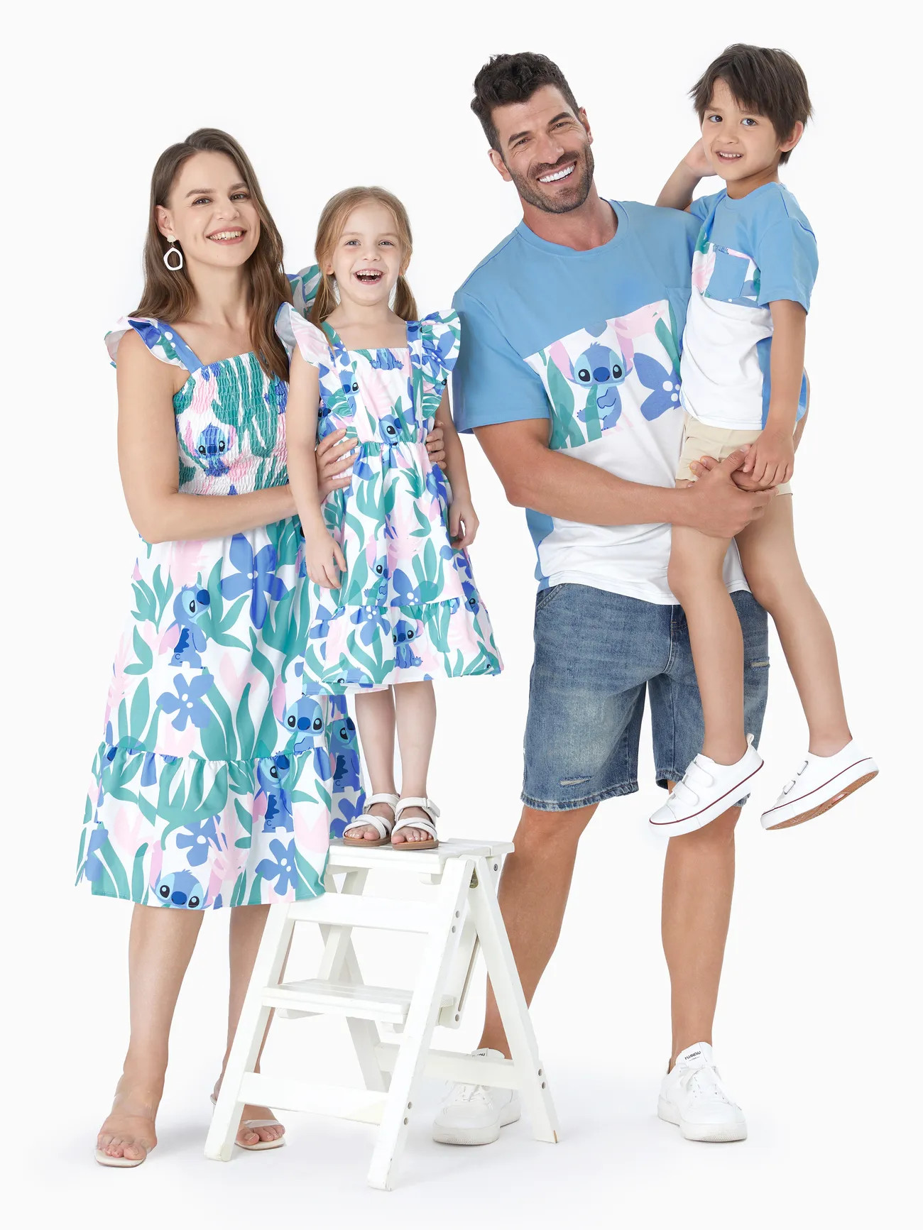 Disney Stitch Family Matching Floral Plant Print Tee/Ruffle-sleeve Dress | PatPat