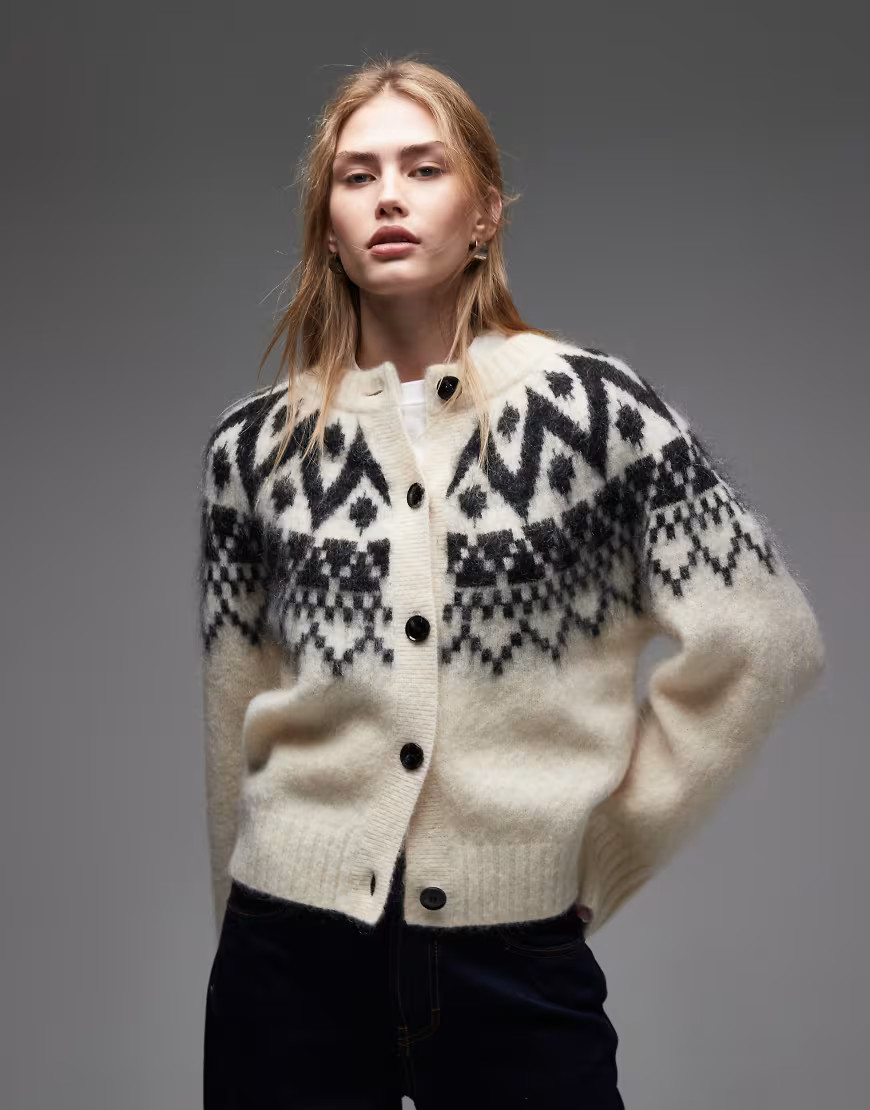 & Other Stories fluffy wool and mohair blend fair isle yarn jacquard print cardigan in white | ASOS (Global)