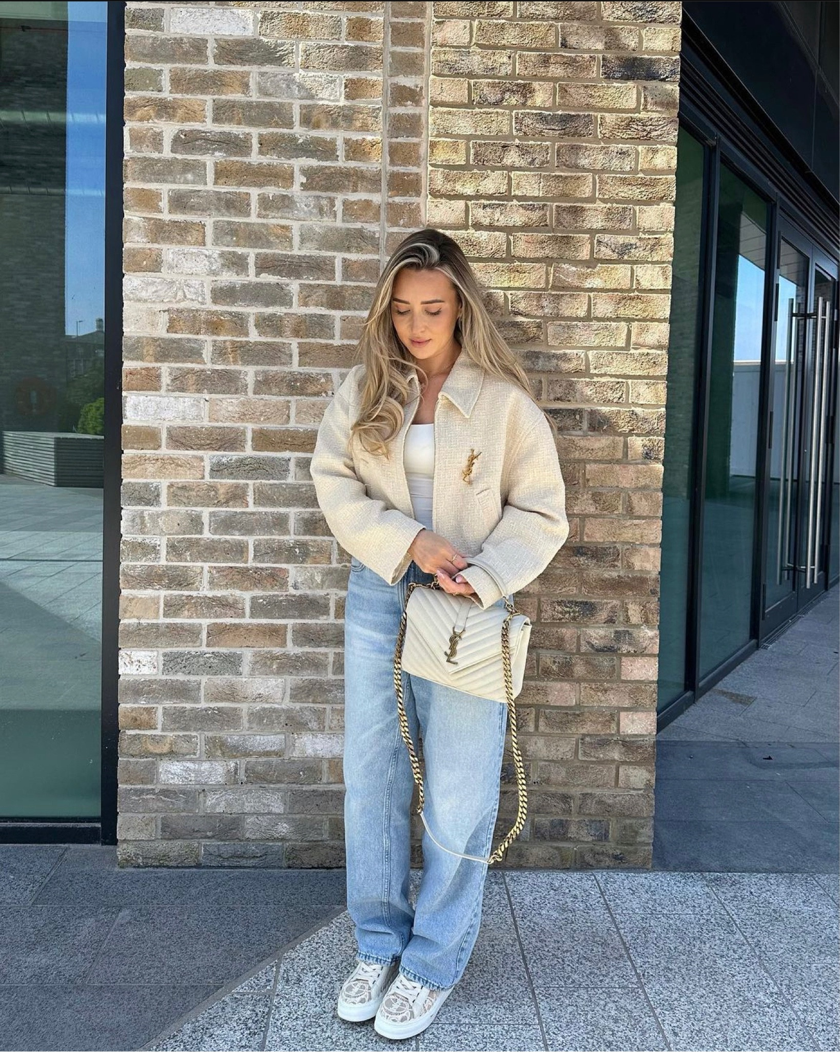 Cream & blue outfit for spring - wide leg h&m jeans, Chloe Lauren cream lace trainers, ysl cream handbag, zara tweed jacket (alternative linked), white tank top, ysl brooch  

#LTKstyletip #LTKeurope #LTKSeasonal