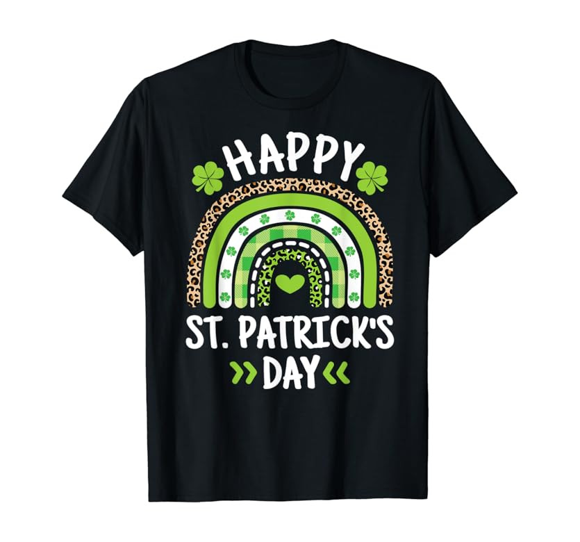 Happy St Patricks Day Leopard Print Rainbow Shamrock Irish T-Shirt | Amazon (US)