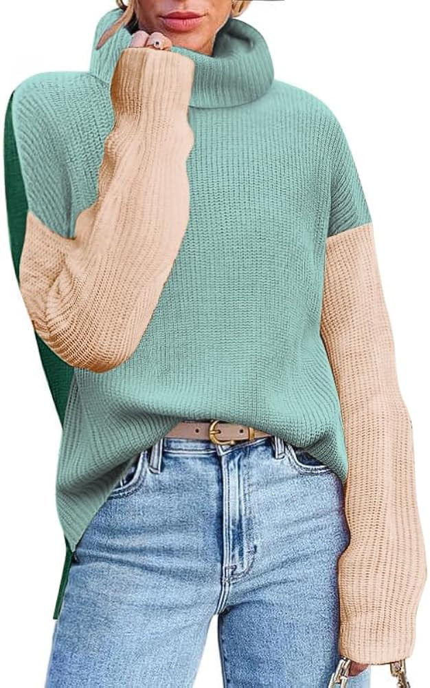 Zeagoo Womens 2024 Fashion Turtleneck Sweaters Color Block Cozy Long Sleeve Casual Knit Pullover ... | Amazon (US)