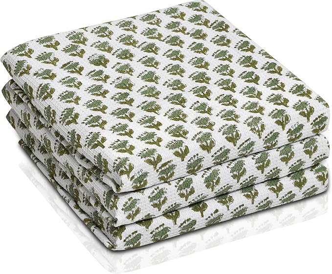 CPC Emerald Green Hand Block Print Waffle Kitchen Towel Set of 3-16 x28 Ultra Absorbent Quick Dry... | Amazon (US)