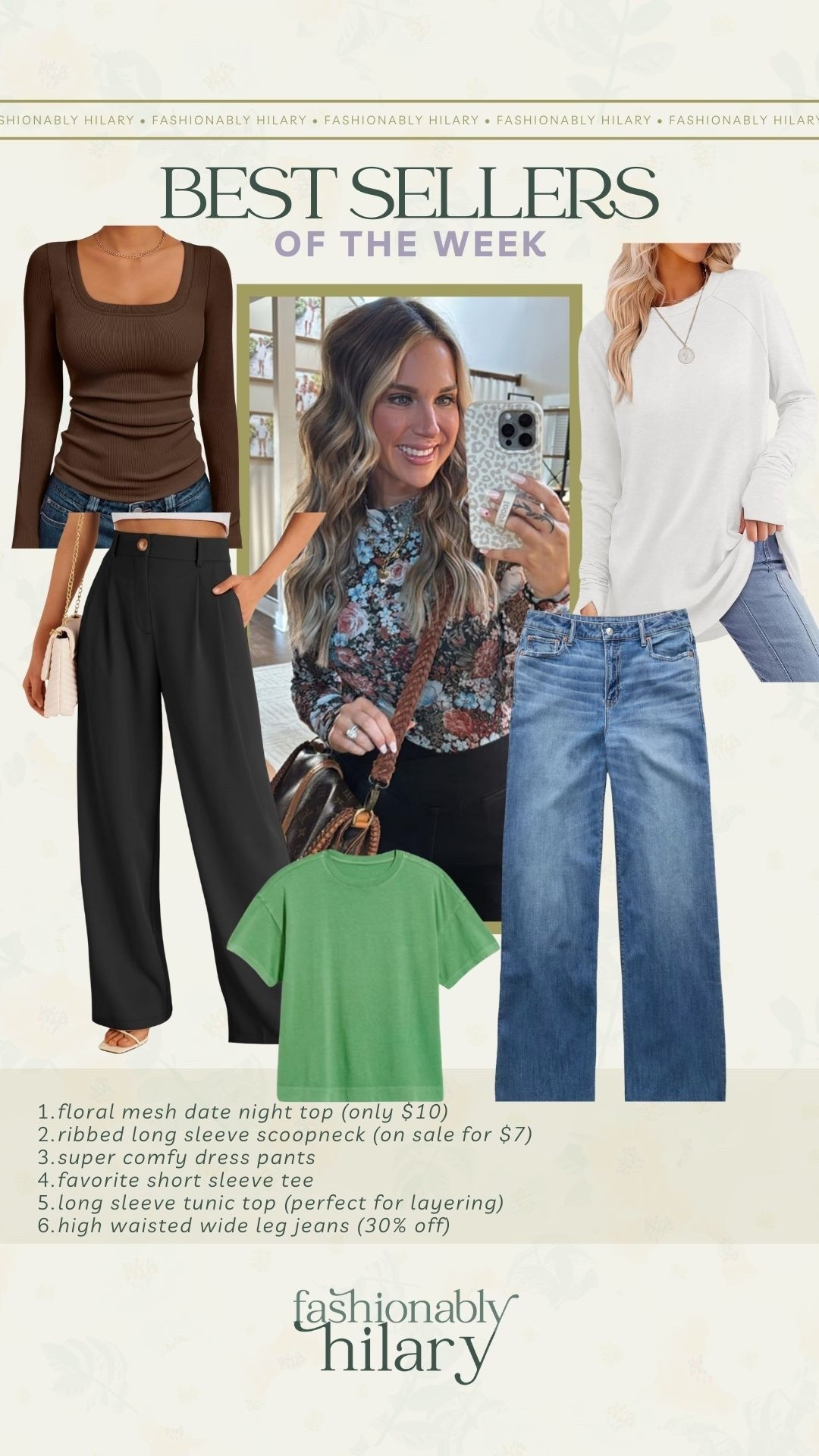 floral mesh date night top (only $10)
ribbed long sleeve scoopneck (on sale for $7)
super comfy dress pants
favorite short sleeve tee
long sleeve tunic top (perfect for layering)
high waisted wide leg jeans (30% off)

#LTKFindsUnder50 #LTKMidsize #LTKSeasonal