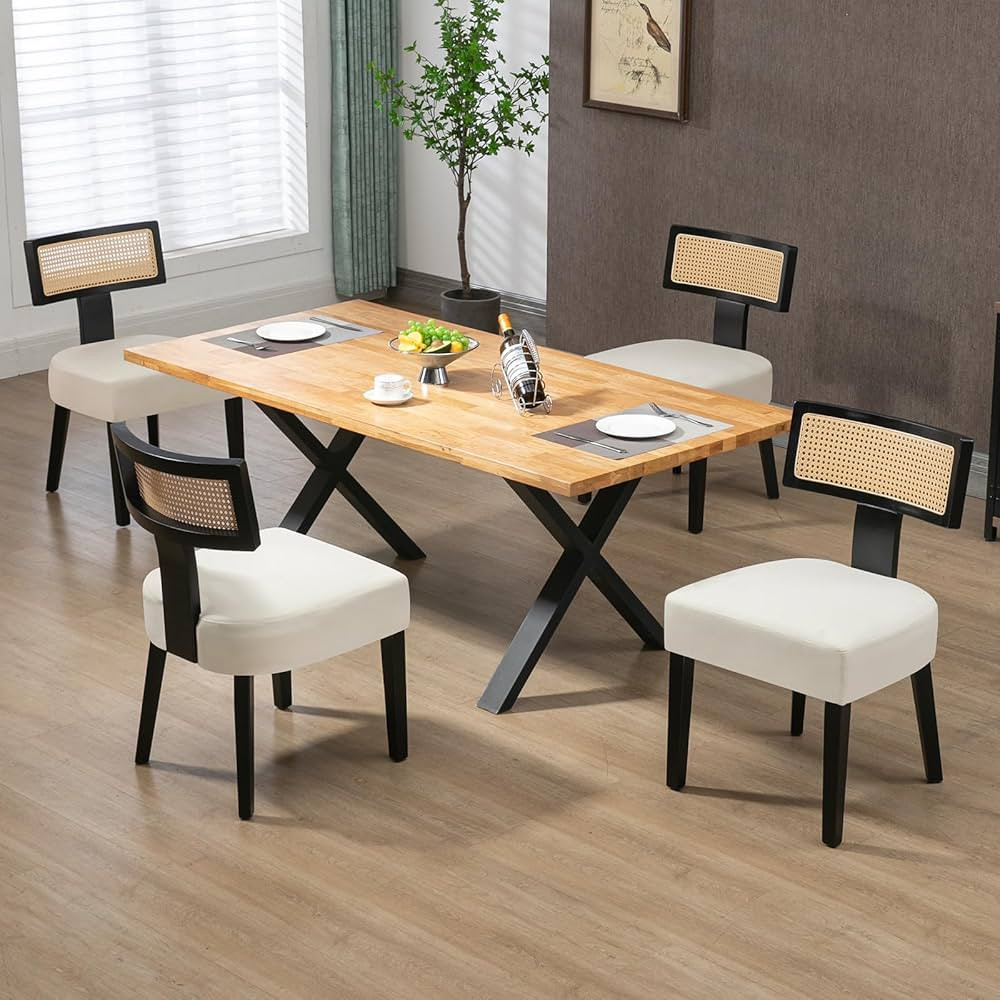 Linen Upholstered Farmhouse Dining Chairs Set of 4, Modern Rattan Dining Room Chairs with Wood Le... | Amazon (US)