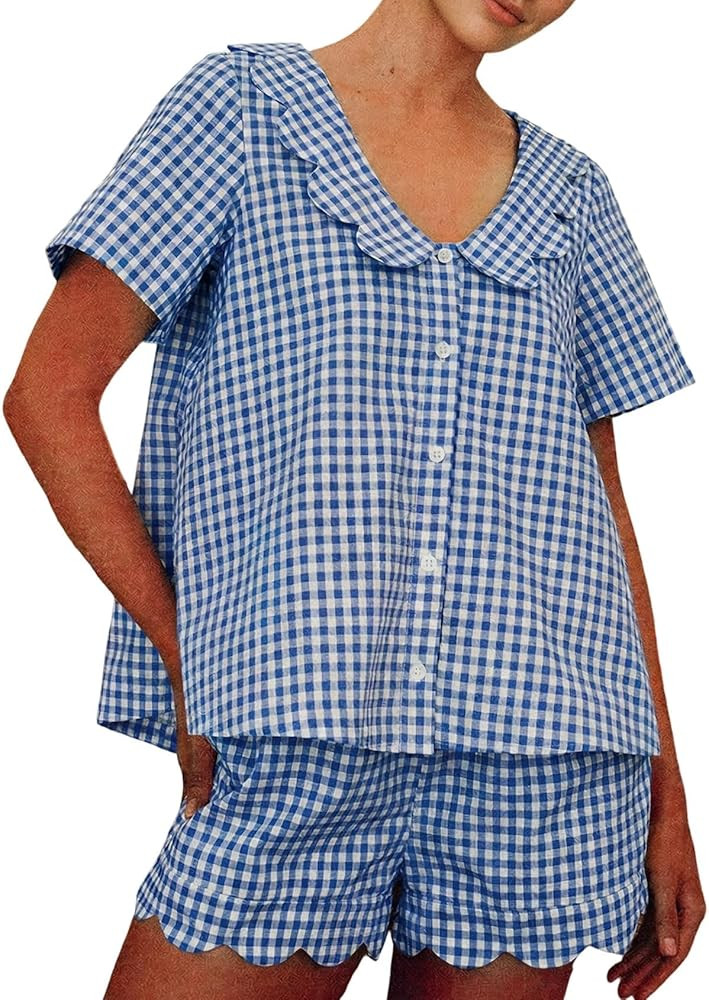 Wyeysyt Womens Gingham Pajama Set Cotton 2 Piece Scalloped Edge Plaid Shirt Top Shorts Sleepwear ... | Amazon (US)