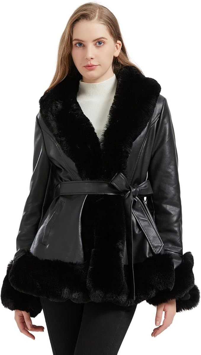 Faux Leather Jacket for Women with Faux Fur Collar Long Sleeve Parka with Pockets Warm Winter Coa... | Amazon (US)