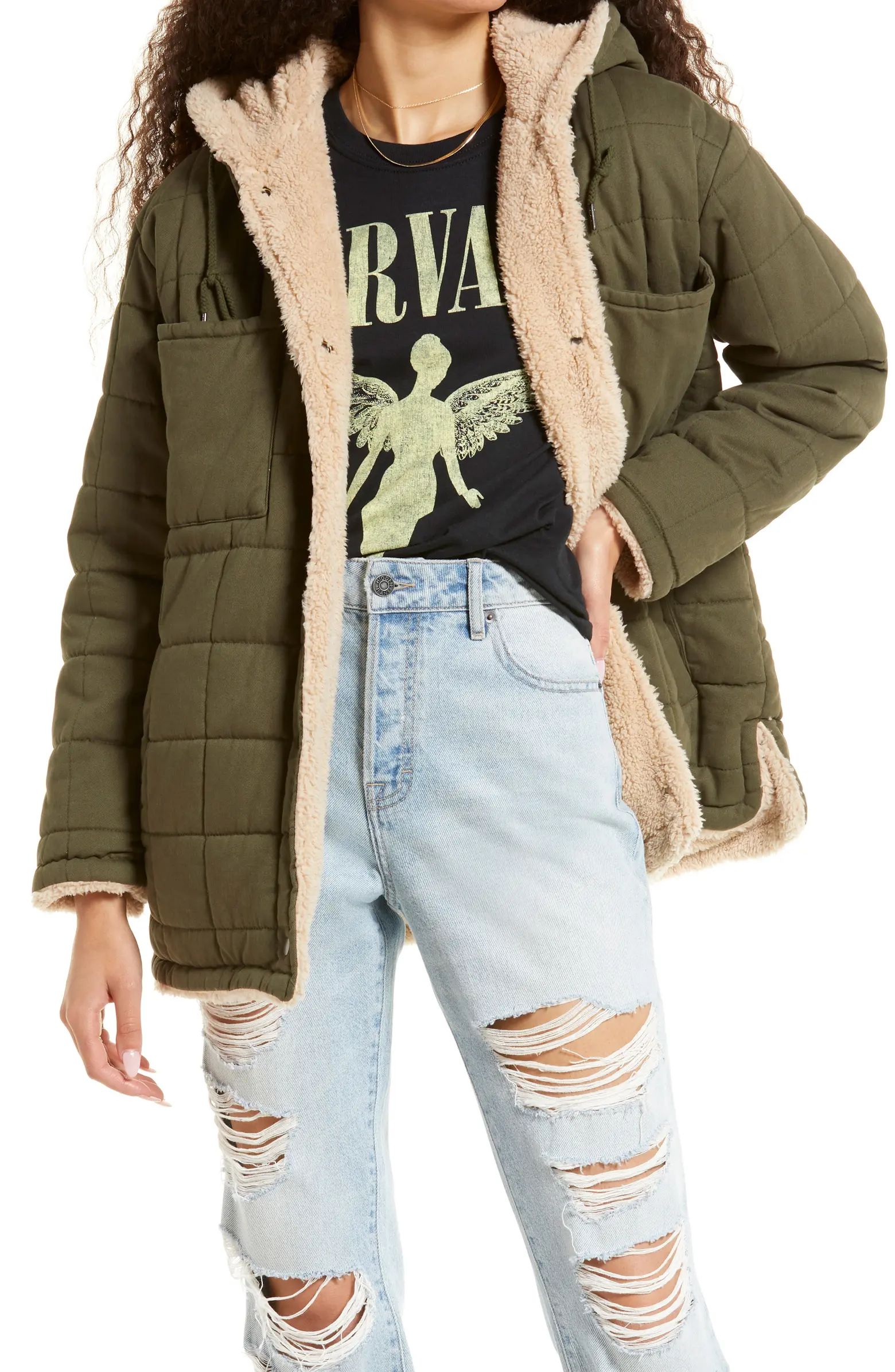 BP. Quilted Cotton & Faux Shearling Hooded Reversible Jacket | Nordstrom | Nordstrom