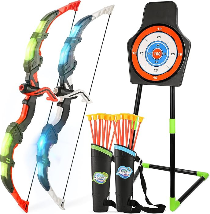 Bow and Arrow Set for Kids, 2 Pack LED Light Up Archery Set with 20 Suction Cup Arrows, Indoor an... | Amazon (US)