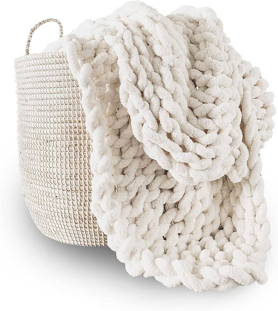 Adyrescia Chunky Knit Blanket Throw | 100% Hand Knit with Jumbo Chenille Yarn (50"x60", Cream Whi... | Amazon (CA)
