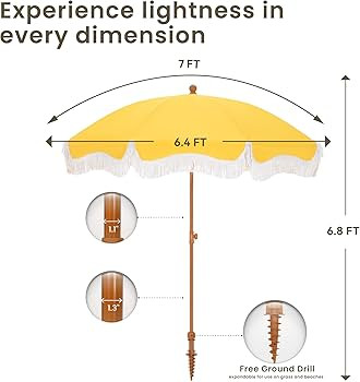 PHI VILLA 7ft Beach Umbrella with Fringe & Sand Anchor, Outdoor Patio Heavy Duty Windproof Portab... | Amazon (US)