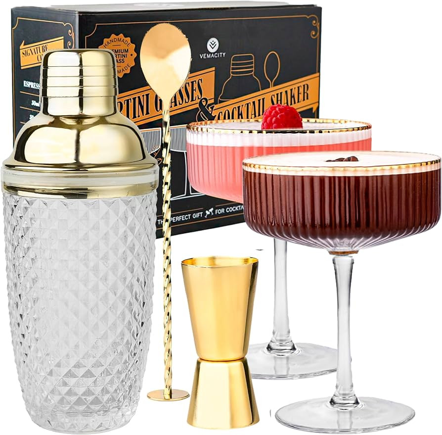 Vemacity Cocktail Set– Glas Cocktail Shaker (500ml) + 2 Espresso Martini Gläser mit Goldrand, ... | Amazon (DE)