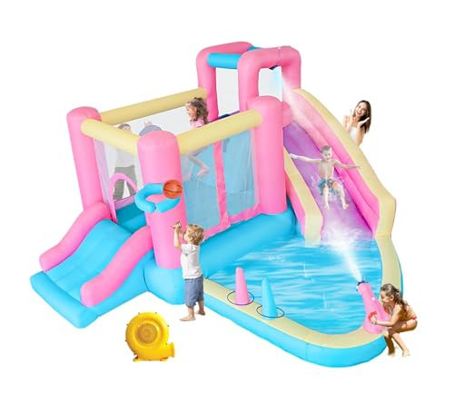 Bestsun Inflatable Water Slide for Kids, Bounce House with Slide, Pool, Water Cannon, Climbing Wall, Blower Included, Outdoor Summer Fun for Kids, 141x138x78 Inches, Pink | Amazon (US)