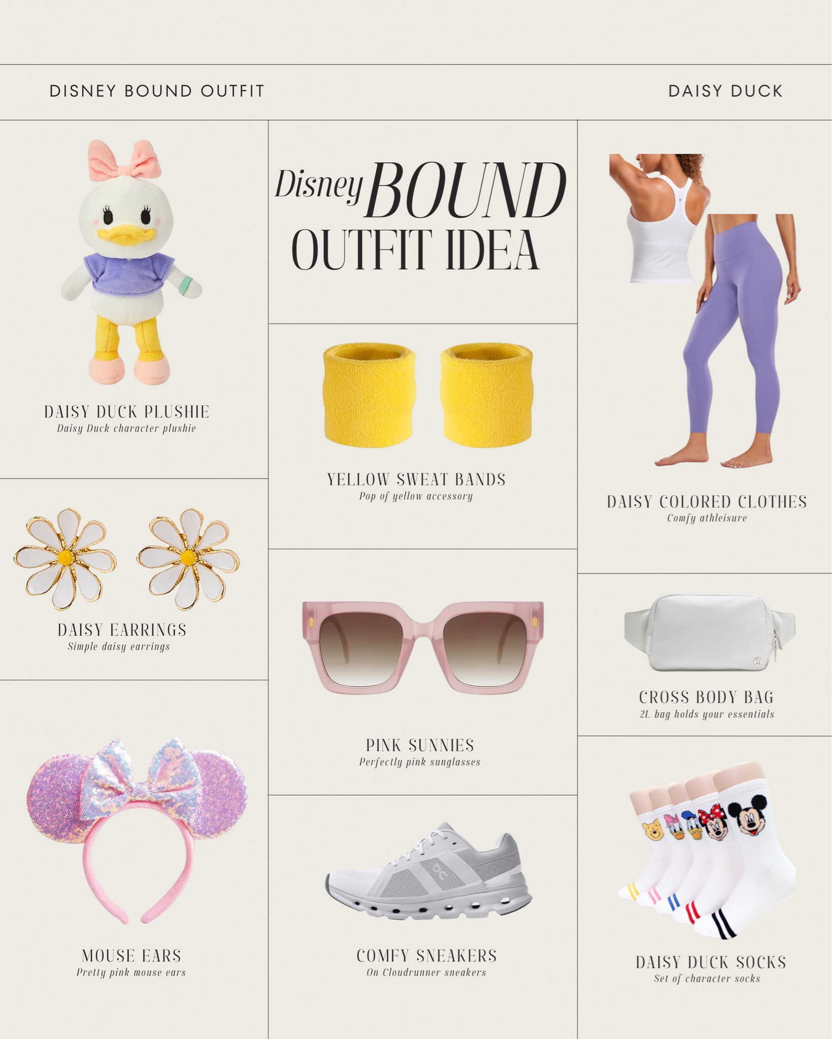 Disney bound outfit idea
Daisy Duck inspired Disney outfit

Go Disney bounding as Daisy Duck in these cute and comfy pieces!

Leggings true to size - I wear XS
Tank top true to size - I wear S (Both the leggings and tank top come in different colors)

Socks come in a set - I wore the Daisy Duck ones with my outfit

Pink sparkly mouse ears

Daisy earrings

Daisy Duck plushie doll makes a cute accessory

2L Lululemon Everywhere Belt Bag holds so many essentials - I loved this bag for the Disney parks even more than the 1L; I also have in the black color.

Purple eyeshadow would complete the look! 

#ltkpetite #ltkstyletip #ltkitbag #ltkfitness #ltkover40 #ltksalealert #ltktravel #ltkfamily


#LTKFindsUnder50 #LTKActive #LTKShoeCrush