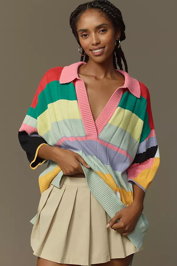 Maeve Collared V-Neck Short-Sleeve Rugby Sweater | Anthropologie (US)