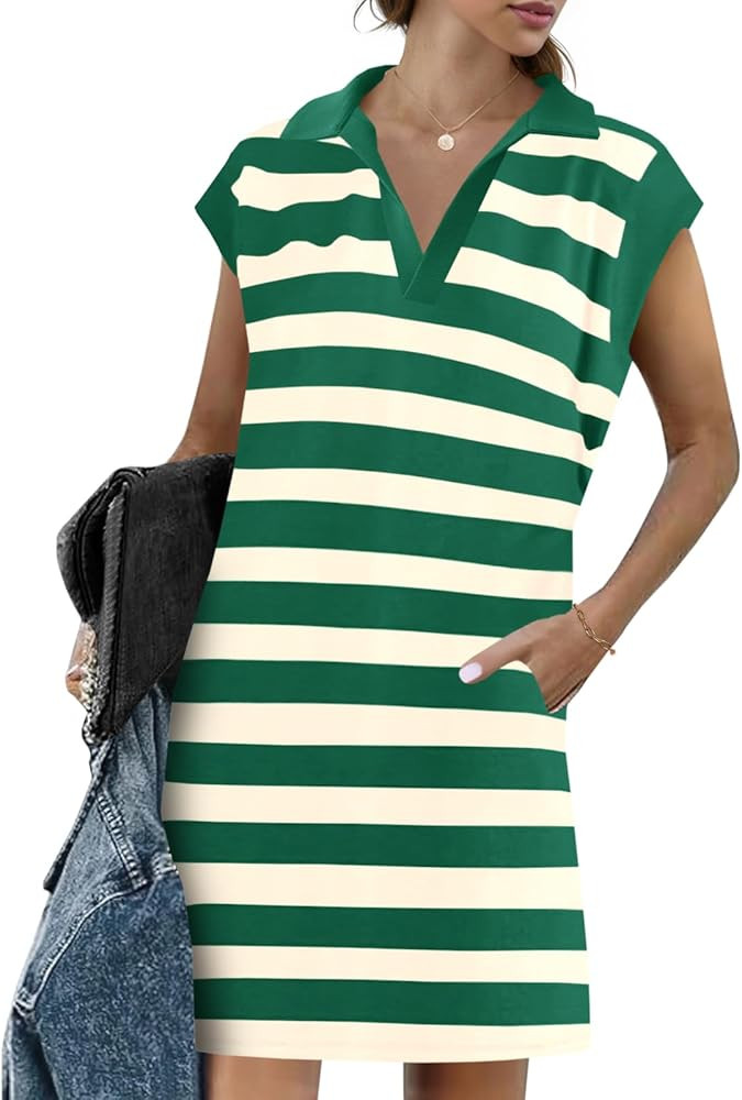 Wenrine Womens Striped Summer Mini Dress Casual Cap Sleeve Polo V Neck T Shirt Dresses with Pocke... | Amazon (US)