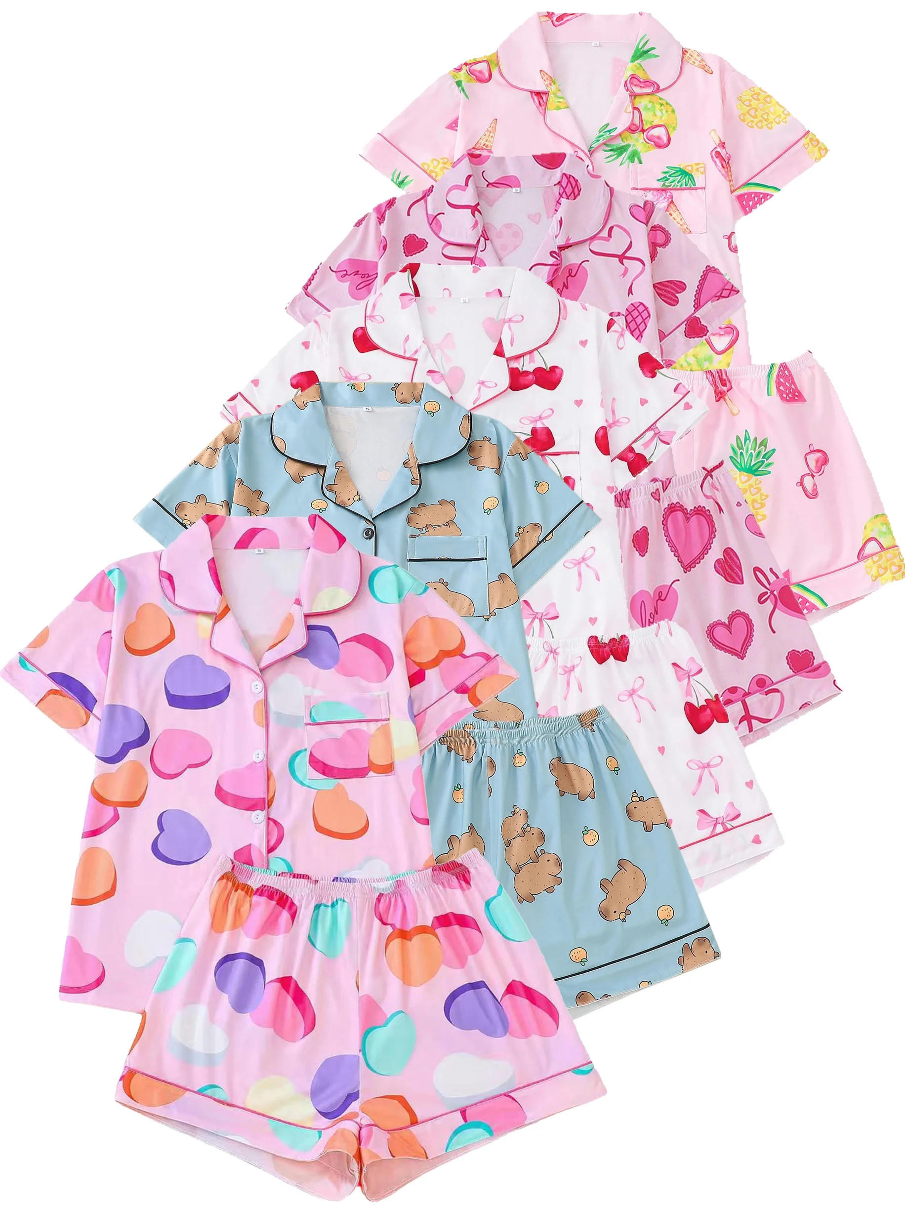 ATAIKU S-XXL Valentine's Day Womens Pajamas Set Love Heart Short Sleeve Button Down Sleepwear Top... | Walmart (US)