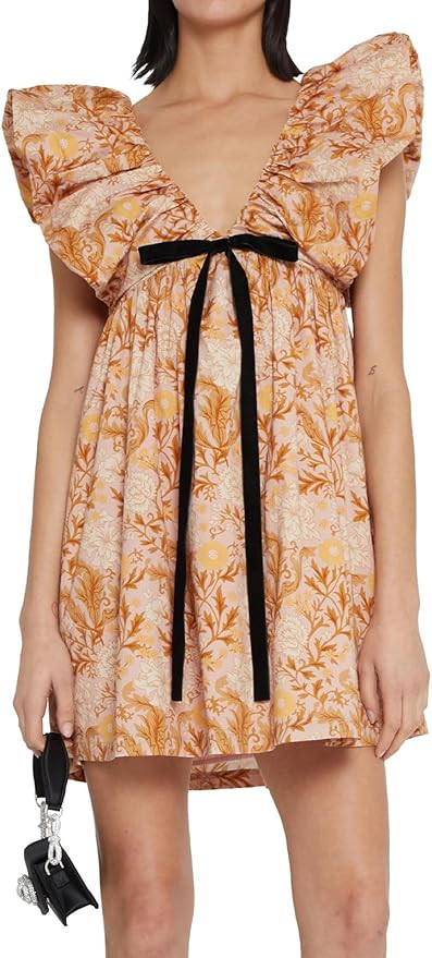 hibshaby Women's Floral Print Mini Dress V Neck Puff Sleeve Dress Short Babydoll Bow Dress | Amazon (US)