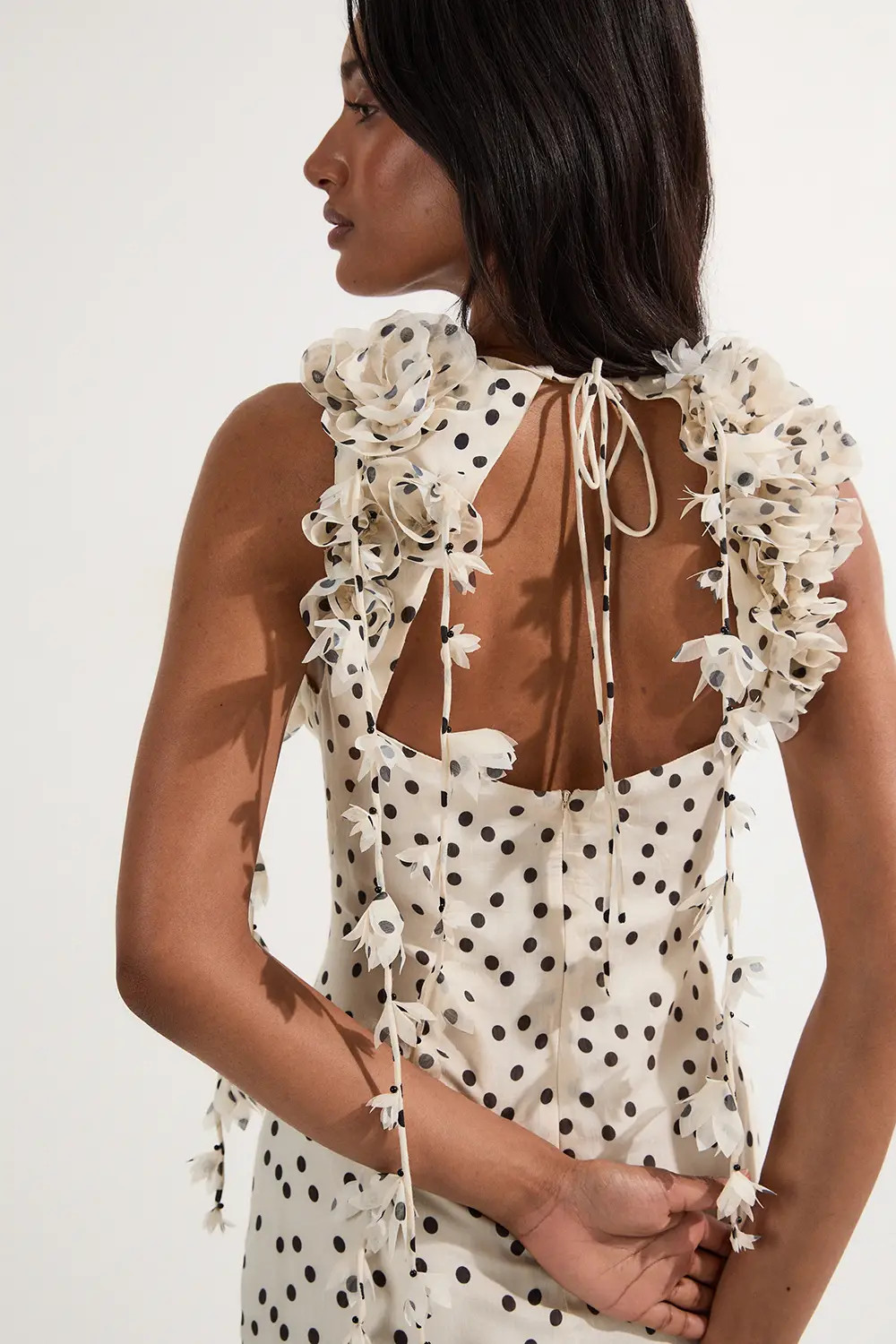 Petite Applique Spot Printed Halter Neck Woven Maxi Dress | Karen Millen