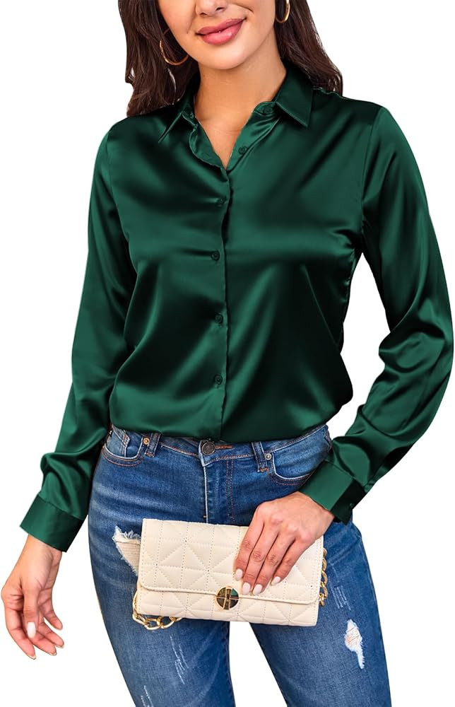 Women Silky Long Sleeve Button Down Shirts Formal Work Dress Shirt Satin Blouses Tops | Amazon (US)